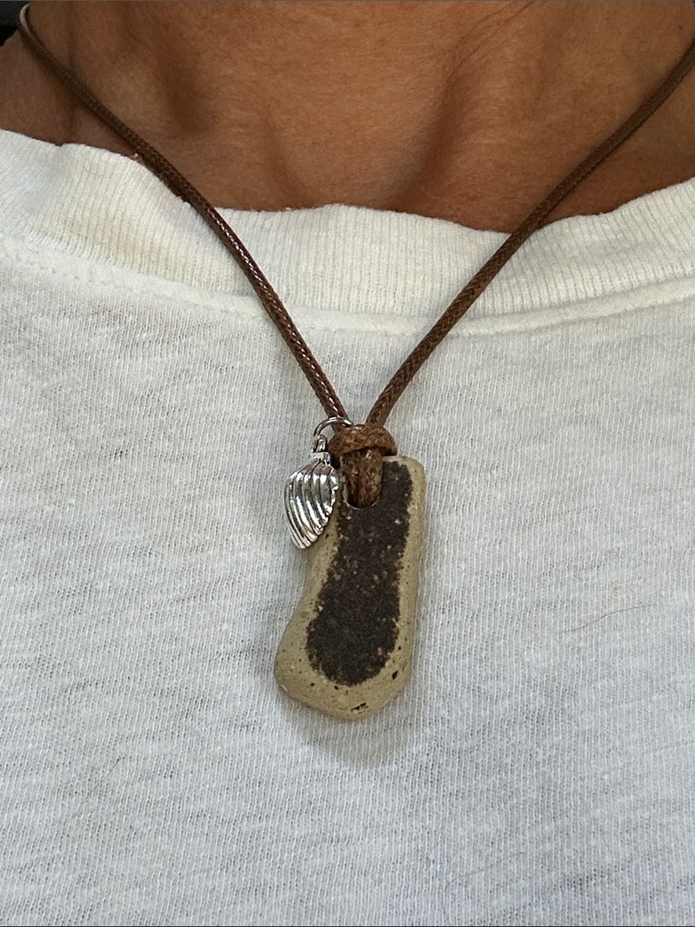 Boho Leather Cord Necklace with Shell and Stone Pendant - Brown